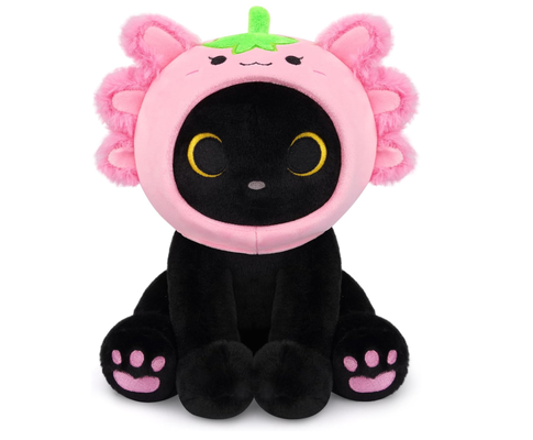 Schwarze Katze Plüsch Erdbeer-Axolotl Kapuze Stofftier