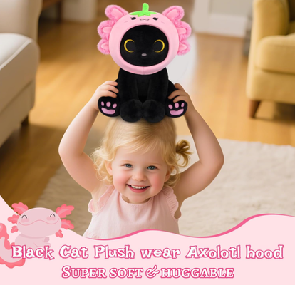 Schwarze Katze Plüsch Erdbeer-Axolotl Kapuze Stofftier