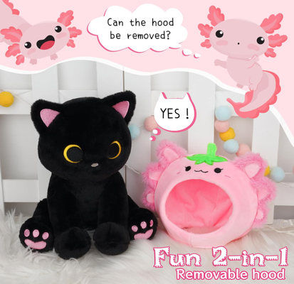 Schwarze Katze Plüsch Erdbeer-Axolotl Kapuze Stofftier