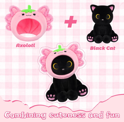 Schwarze Katze Plüsch Erdbeer-Axolotl Kapuze Stofftier
