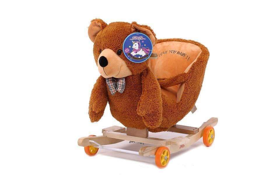 Reizendes nettes Baby spielt Teddybär-Plüsch-Baby-Schwingtierstuhl